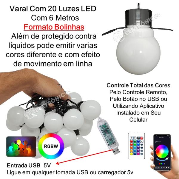 aral 6m USB 20 LEDs Bolinha Efeito RGBW Controle Por Som, Remoto APP TB1871 - Lucky Imagem de aral 6m USB 20 LEDs Bolinha Efeito RGBW Controle Por Som, Remoto APP TB1871