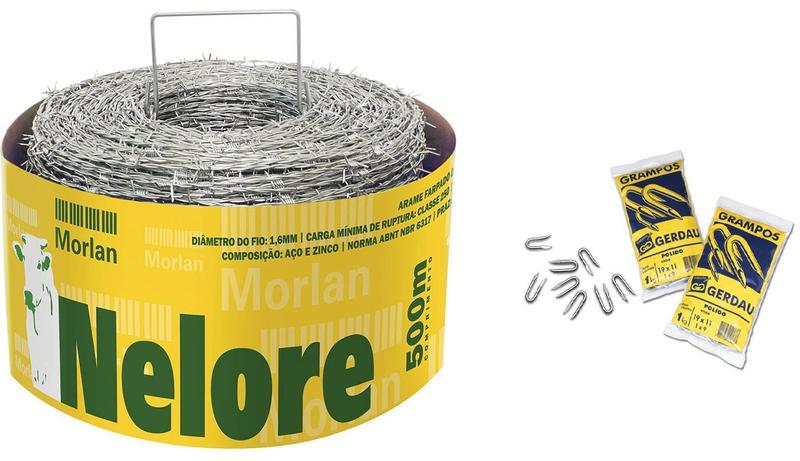 Imagem de Arame Farpado Nelore Super Resistente 500 Metros Galvanizado 1.6mm + 2kg Grampo