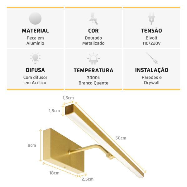 Imagem de Arandela Articulável Quadro Perfil Led 6W 3000K Dourado