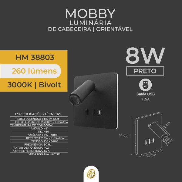 Imagem de Arandela de Cabeceira Preto LED 3000K c/ USB Bivolt 8W