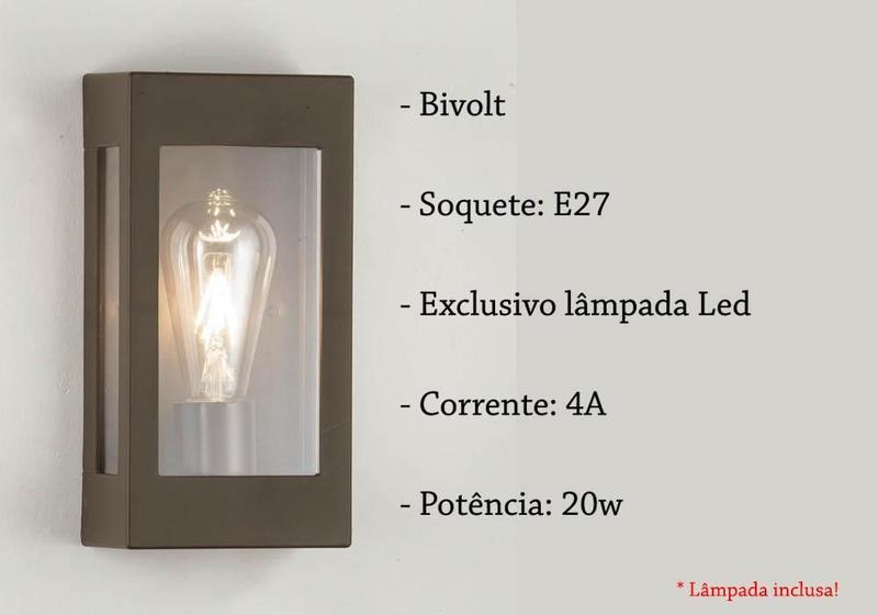 Imagem de Arandela Externa Retangular Retro Marrom E27 Zan87 + Led 4W