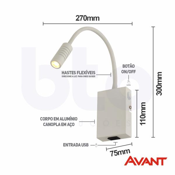 Imagem de Arandela led avant lettura 3w 2700k articulavel bivolt