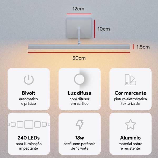 Arandela Led Linear 50cm Espelho Quadro ArticuladaMF507 - Mega Forte Iluminação Imagem de Arandela Led Linear 50cm Espelho Quadro ArticuladaMF507
