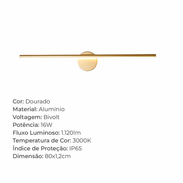 Imagem de Arandela Linear 80cm 16w Led Integrado 3000k Bivolt Dourado Moderna Lumier