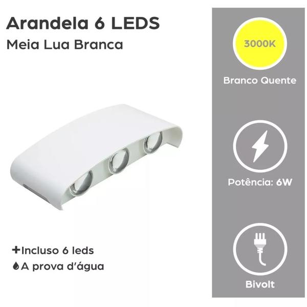 Imagem de Arandela Meia Lua Frisada Parede Externa Interna Led 6w Facho Triplo Branco