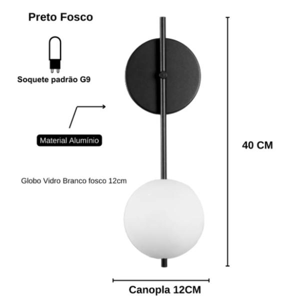 Imagem de Arandela Parede Bola Slim Banheiro Cabeceira Preta + Lâmpada