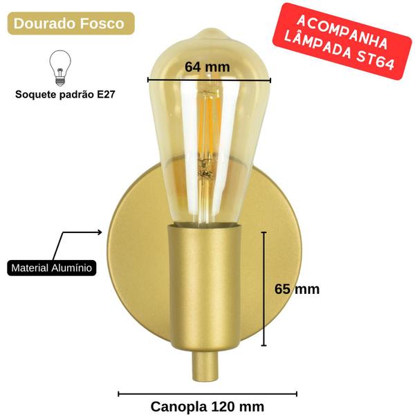 Imagem de Arandela Parede Napoli Dourada Cabeceira Led Filamento ST64