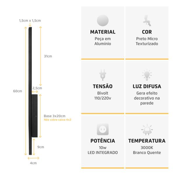 Imagem de Arandela Perfil Slim Luz Indireta 60Cm 10W 3000K Preto