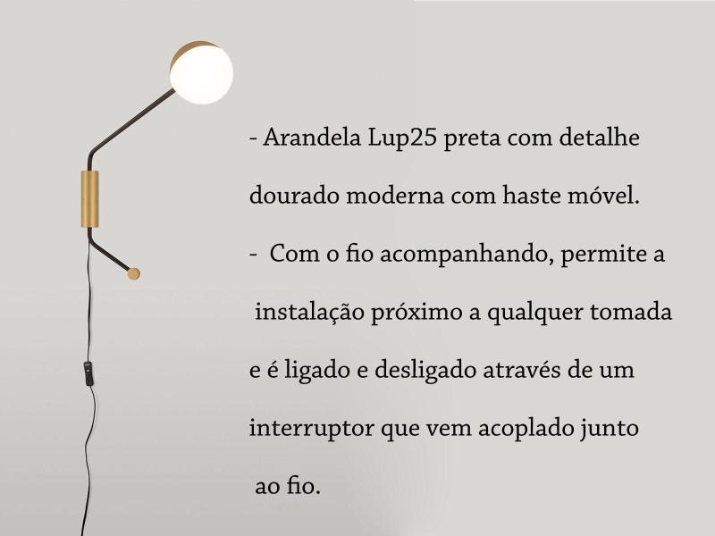 Imagem de Arandela Preta E Dourado Globo Vidro Branco Plug Fio Lup25