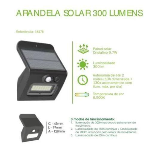 Imagem de Arandela Solar Sensor De Presença Movimento 300 Lumens 6500K