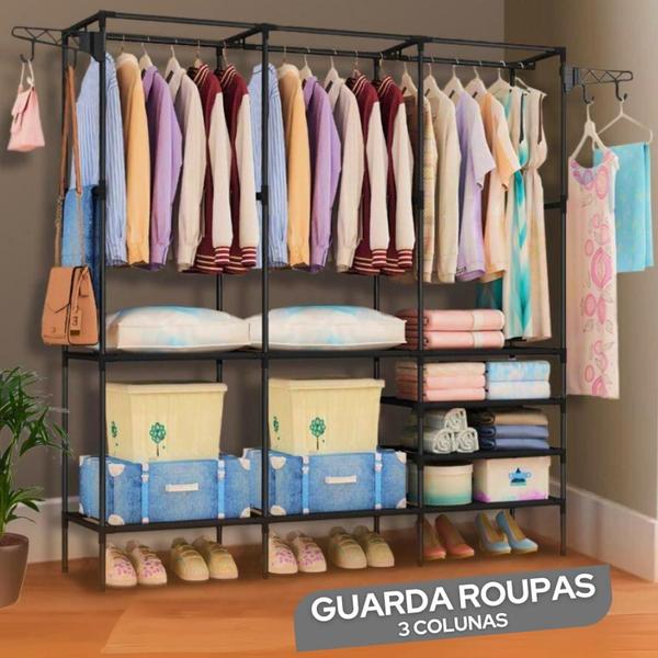 Imagem de Arara Armário Guarda-Roupa Sapateira Cabideiro Triplo Organizadora com 8 Prateleiras de Chão