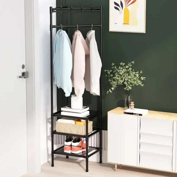 Arara Cabideira de Canto Prateleira 3 Andares Rack Sapateira Gancho Casaco Multiuso Calçado Chinelo Roupa Blusa Organização Versatil Resistente - AB MIDIA Imagem de Arara Cabideira de Canto Prateleira 3 Andares Rack Sapateira Gancho Casaco Multiuso Calçado Chinelo Roupa Blusa Organização Versatil Resistente