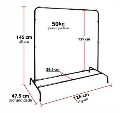 Imagem de Arara Cabideiro de Roupa com Sapateira Grande Largura 146Cm altura - PRETA