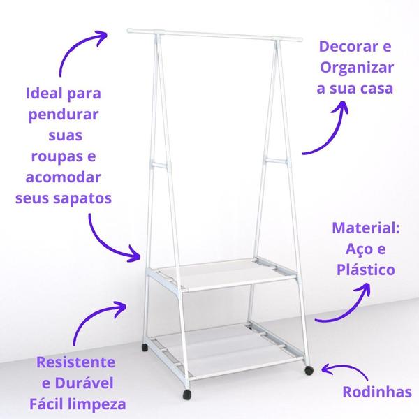 Imagem de Arara Cabideiro de Roupas c/ Rodinha Multiuso p/ Quarto Loja