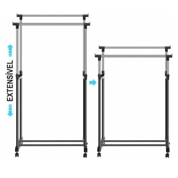 Imagem de Arara Cabideiro Móvel com Rodas Regulável Inox Quarto Dupla