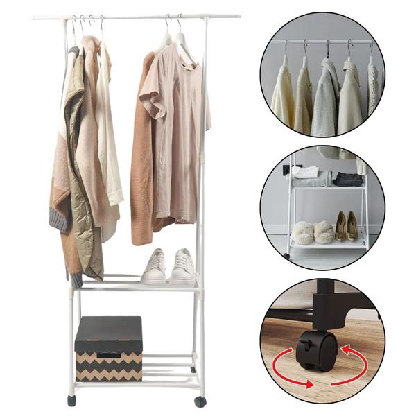 Arara De Roupas Cabideiro Com Sapateira Aço Para Casa Loja Prateleira Com Rodinhas - KONTU... Arara De Roupas Cabideiro Com Sapateira Aço Para Casa Loja Prateleira Com Rodinhas - KONTU...