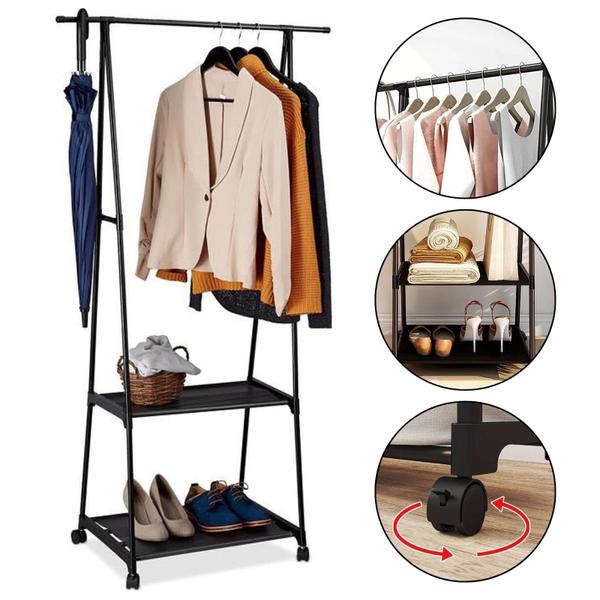 Arara De Roupas Cabideiro Com Sapateira Aço Para Casa Loja Prateleira Com Rodinhas - KONTUZ