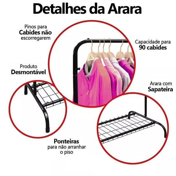 Imagem de Arara De Roupas Cabideiro De Chão Com Sapateira Aço Reforçada Desmontável Para Casa Quarto Closet Lojas Boutique