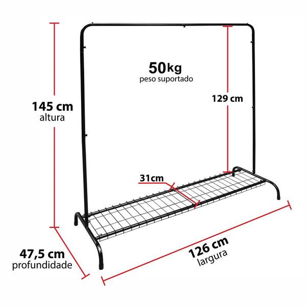 Imagem de Arara De Roupas Cabideiro De Chão Com Sapateira Aço Reforçada Desmontável Para Casa Quarto Closet Lojas Boutique