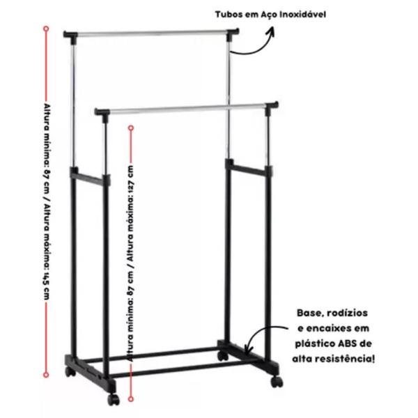 Imagem de Arara Dupla Cabideiro Sapateira Regulável Com Rodinha Cabide Organizar Roupas Aguenta 30kg Reforçado