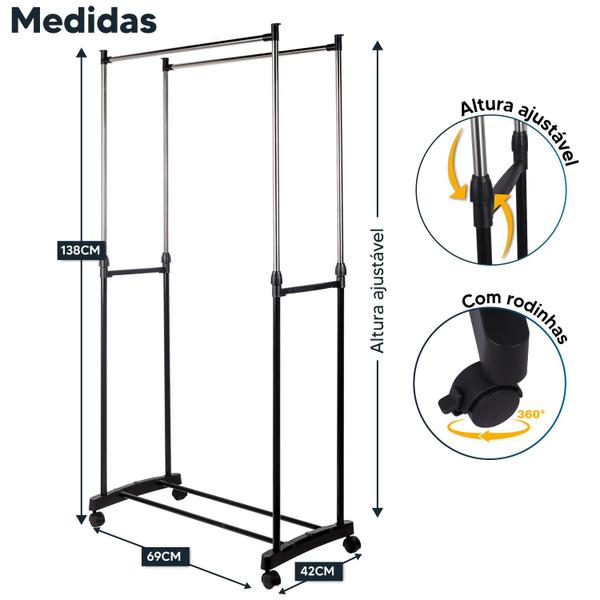 Imagem de Arara Dupla De Roupas Altura Regulável Sapateira Rodinhas