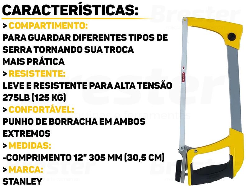 Imagem de Arco De Serra Alta Tensão Pro Ajustável 12 Polegadas Punho Emborrachado Stanley Profissional + Lâmina