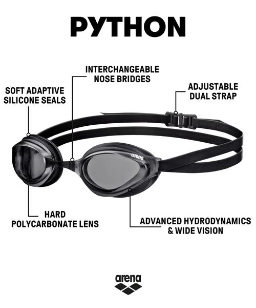 Imagem de Arena Python Racing Swim Goggles para homens e mulheres, proteção UV, Anti-Fog, Dual Strap, Non-Mirror Lens, Smoke / Black