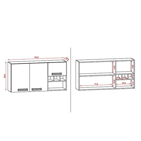 Imagem de Armário Aéreo Ametista 3 Portas e 3 Garrafas 120 cm Freijó Gris - Kits Paraná