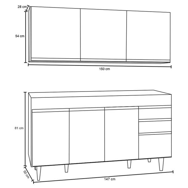 Imagem de Armário Aéreo Argélia e Balcão sem Tampo Gabinete de Pia Marrocos 150cm Branco - Lumil