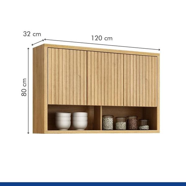 Imagem de Armário Aéreo para Cozinha 120cm 3 Portas Ripado Torino Cinamomo