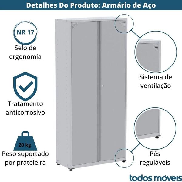 Imagem de Armário Alto 2 portas Pandin 90 cm (Largura) Inmetro Estrutura Aço Cinza e Portas Brancas c/ Chave