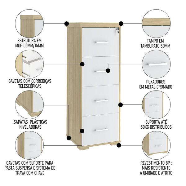 Imagem de Armário Arquivo Pasta Suspensa 4 Gavetas Corp A06 Carvalho/Branco - Mpozenato