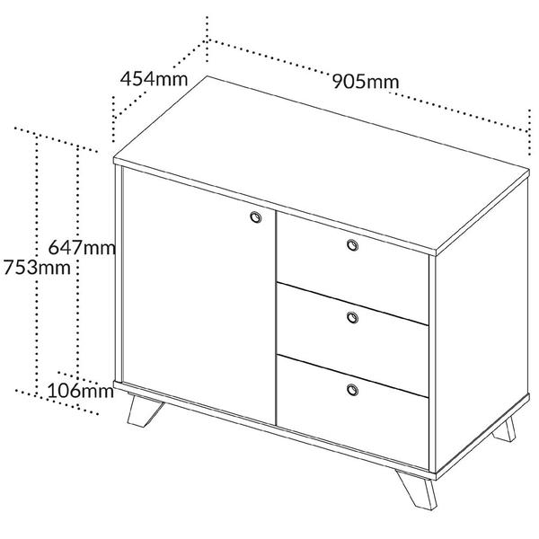 Imagem de Armário Balcão Multiuso Para Escritório Sala 1 Porta 3 Gavetas Lugano A02 Olmo Branco - Lyam Decor