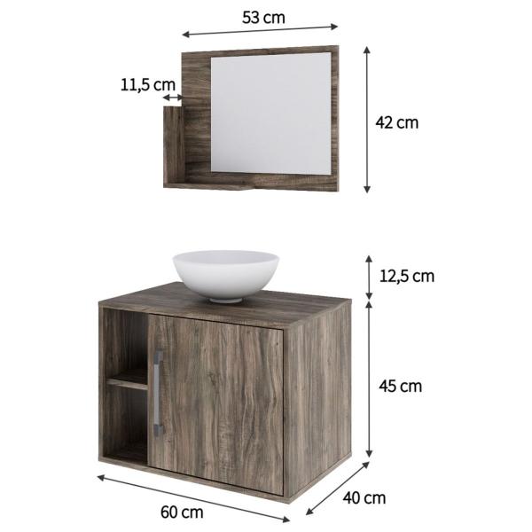 Armário de Banheiro com Cuba e Espelho 1 Porta 2 Prateleiras Carvalho Dark 13688 - Compace Imagem de Armário de Banheiro com Cuba e Espelho 1 Porta 2 Prateleiras Carvalho Dark 13688 - Compace