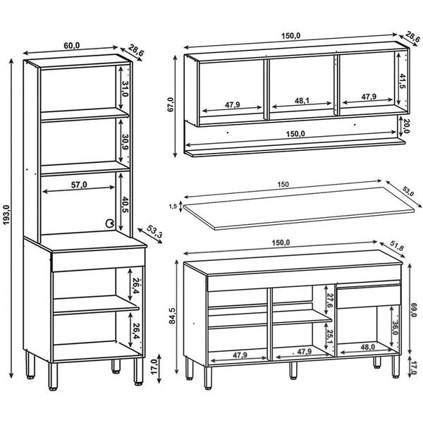 Imagem de Armário de Cozinha 3 Peças Balcão 150cm com Tampo Lina16 K02 Supremo/Freijó - Mpozenato