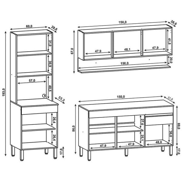 Imagem de Armário De Cozinha 3 Peças Balcão 150cm Sem Tampo Lina13 K02 Supremo/freijó - Mpozenato