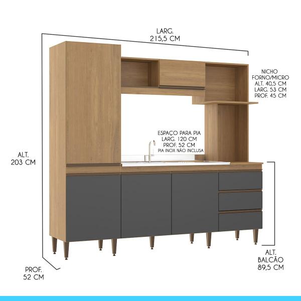 Imagem de Armário de Cozinha Compacta 215x203Cm Balcão Pia MDP Cinza 0318 MENU