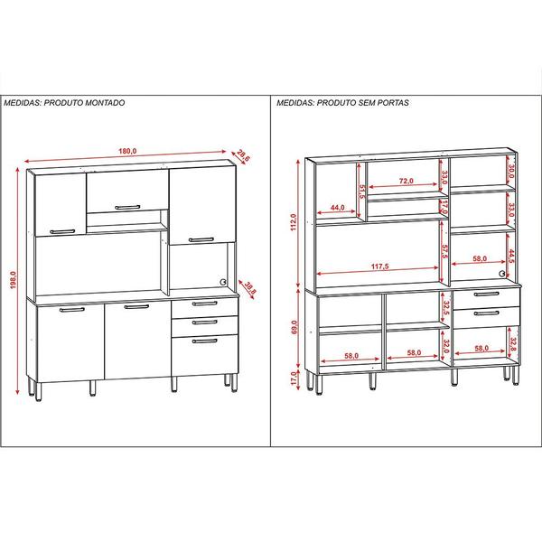 Imagem de Armário de Cozinha Compacta 6 Portas e 2 Gavetas 180cm Dali Ripado Freijó/Supremo - Pallazio