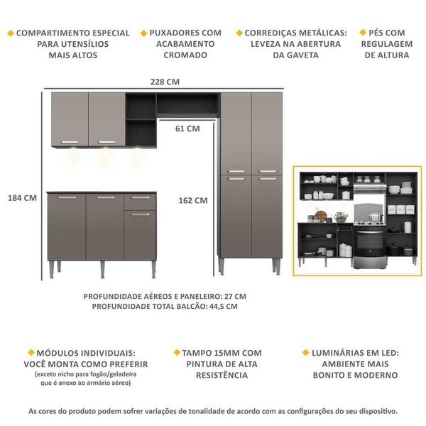 Imagem de Armário de Cozinha Compacta c/ 3 Leds 3 pçs Pequim Multimóveis V3413 Preto/Lacca Fumê