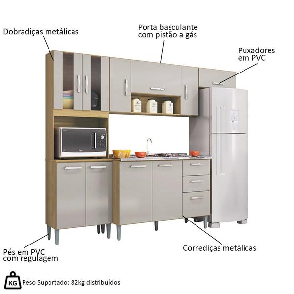 Imagem de Armário de Cozinha Compacta Completa 244cm Balcão e Pia Inox Livy P11 Damasco/Off White - Mpozenato