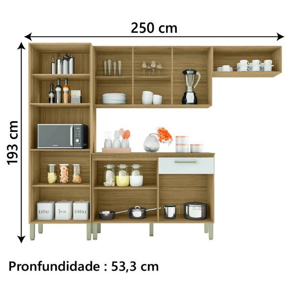 Imagem de Armário de Cozinha Completa Com Balcão 12 Portas 1 Gaveta 2,50m Versalhes Freijó / Branco Kit's Paraná