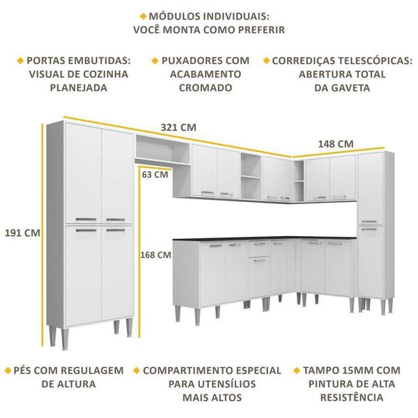 Imagem de Armário de Cozinha Completa com Tampo 9 peças Xangai Rock Multimóveis Branca