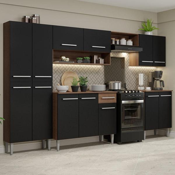 Armário de Cozinha Completa Madesa Emilly 293001 com Balcão e Paneleiro - Rustic/Preto Armário de Cozinha Completa Madesa Emilly 293001 com Balcão e Paneleiro - Rustic/Preto