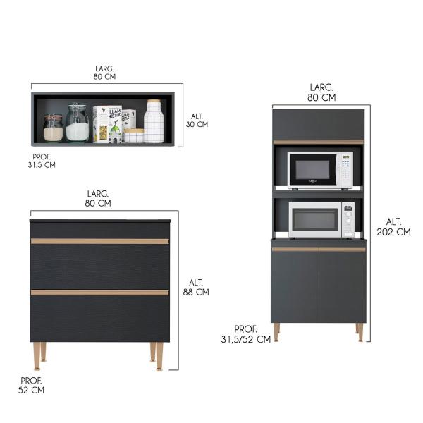 Imagem de Armário de Cozinha Completo Modulado Sabrina 280 x 202 Cm 5 Peças MDP Preto MENU