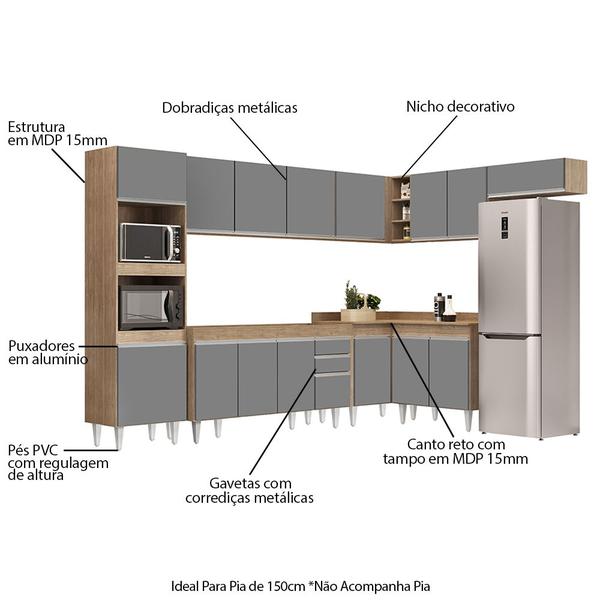 Imagem de Armário de Cozinha Modulada de Canto 8 Peças CP07 Balcão Castanho/Cinza - Lumil