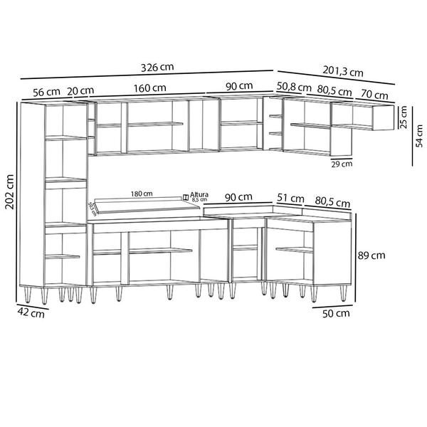 Imagem de Armário de Cozinha Modulada de Canto 9 Peças CP05 Balcão com Tampo Branco/Preto - Lumil