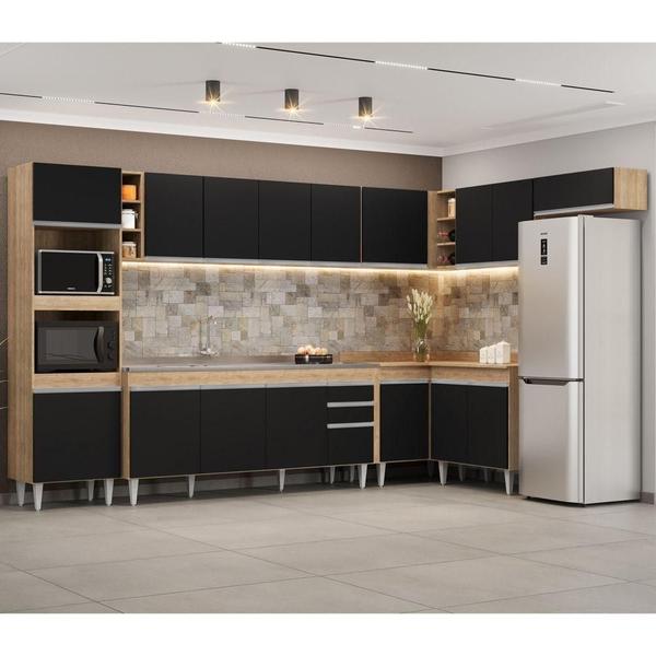 Imagem de Armário De Cozinha Modulada De Canto 9 Peças Cp06 Balcão Com Pia Inox Castanho/preto Lumil