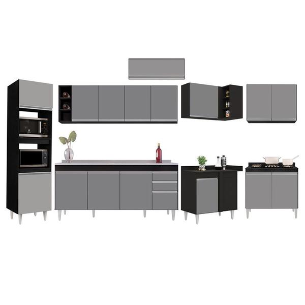 Imagem de Armário de Cozinha Modulada de Canto 9 Peças CP06 Balcão com Pia Inox Preto/Cinza - Lumil