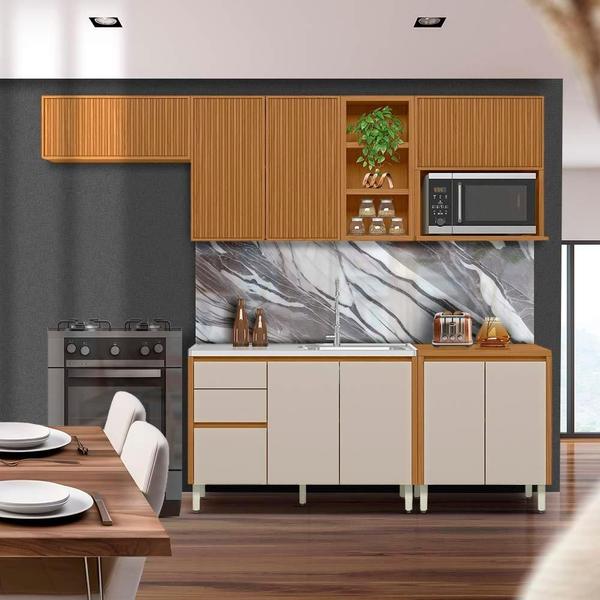 Imagem de Armário De Cozinha Modulado 5 Peças Aéreo Ripado Nature Off White Miranda Shop JM