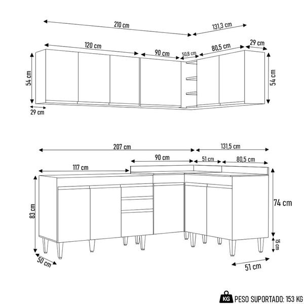 Imagem de Armário de Cozinha Modulado de Canto 6 Peças CP28 Balcão sem Tampo Preto - Lumil